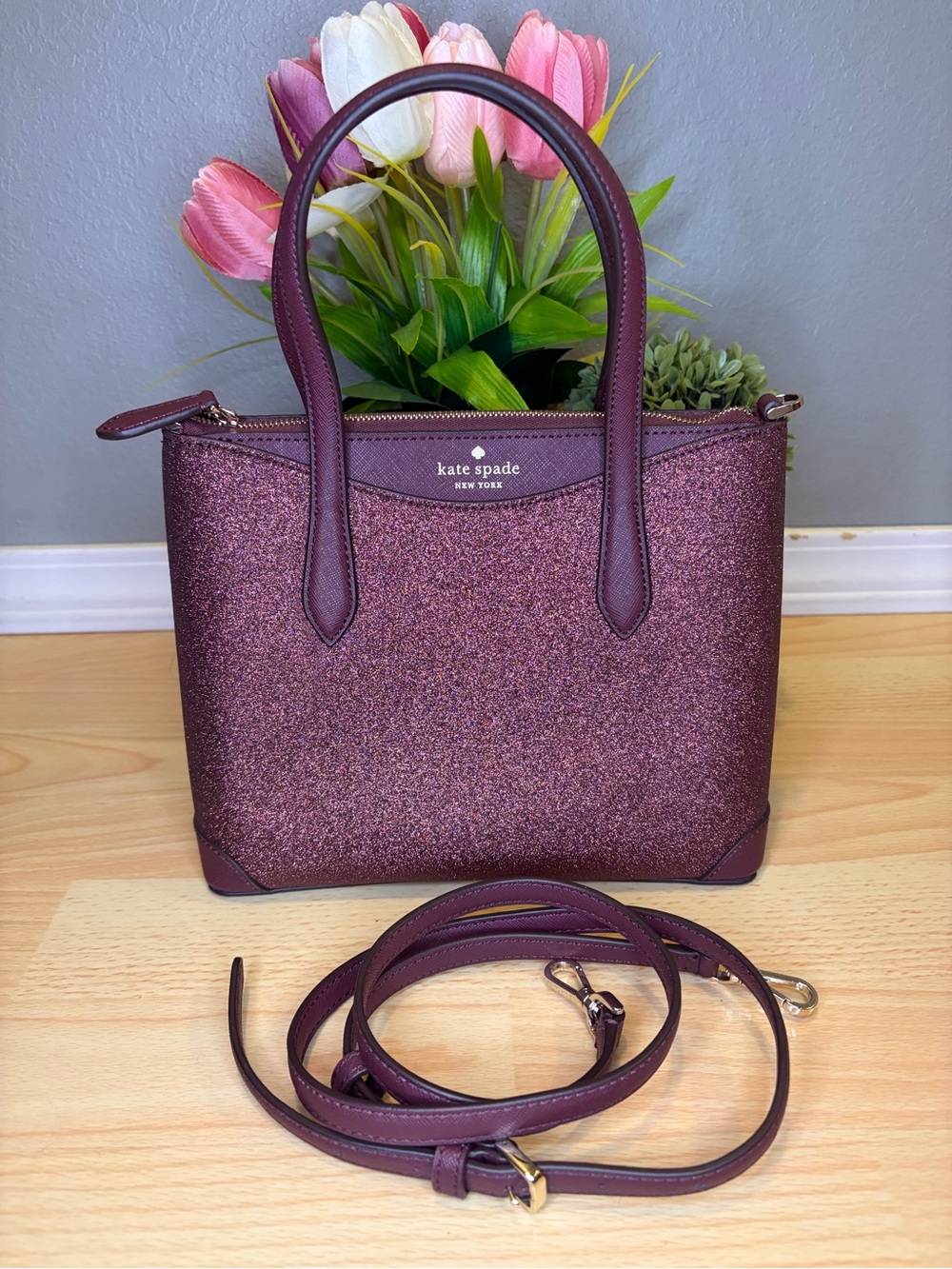 kate spade Burgundy Glitter Satchel with Removable Strap